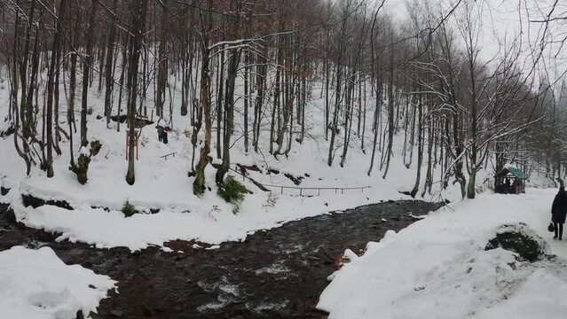 A waterfall on the northern slopes of the Polonyna Borzhava mountain massif at the foot of Mount Gemba in the Ukrainian Carpathians. Shypit waterfall. Winter in the mountains of Ukraine