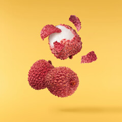 Fresh ripe red lychee falling in the air isolated