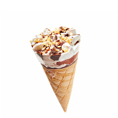 hazelnut ice cream with cone isolated on white background