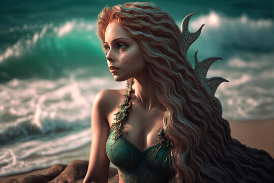 A mermaid on land near the sea. Generative AI