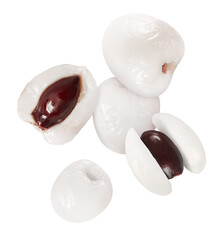 Fresh ripe red lychee falling in the air isolated
