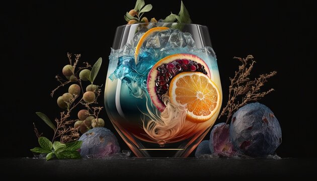  a wine glass with an orange slice and a grape and orange slice in it with other fruit and vegetables around it on a black background.  generative ai
