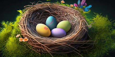 ai midjourney generated illustration of easter nest with colorful painted easter eggs