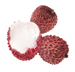 Fresh ripe red lychee falling in the air isolated