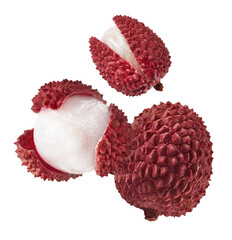 Fresh ripe red lychee falling in the air isolated