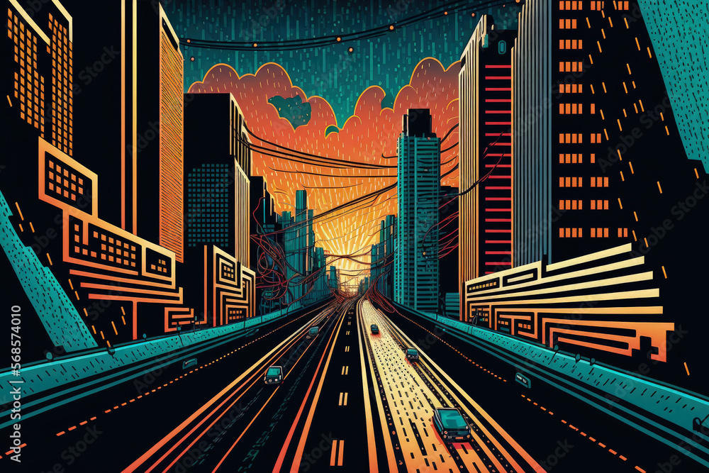 Poster through the city's digital binary towers, an abstract highway path. big data, artificial intelligenc