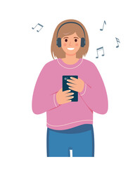 Young smiling woman with mobile phone listening to music in headphone. Using of smartphone and music app concept. Vector illustration isolated on white background.