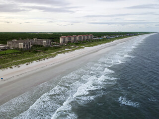 Aerial drone view of Amelia Island landscape, beach, resorts, and the Atlantic Ocean