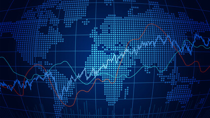 Candlestick chart, line graph and bar chart. World stock market index graph