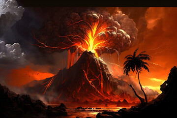 Vulcano Eruption on exocit island, Hawaii, Comics style, created with Generative AI Technology 