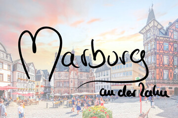 Marburg an der Lahn, handwritten with a photo of the place in the background