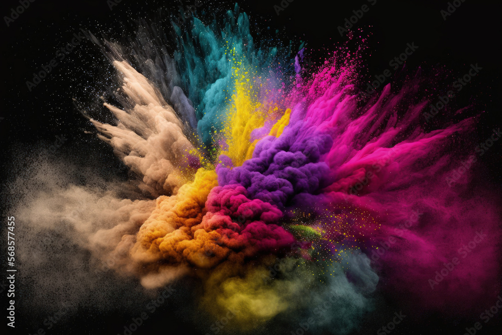 Poster powder explosion with color. abstract close up of background with dust. vibrant explodes holi paints