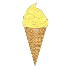Lemon yellow ice cream in waffle cone isolated on white background.