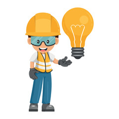 Industrial construction worker with a giant light bulb. Engineer with creative idea symbol. Industrial safety and occupational health at work