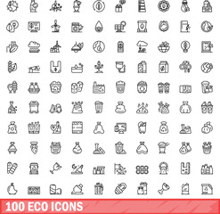 Fototapeta premium 100 eco icons set. Outline illustration of 100 eco icons vector set isolated on white background