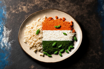Tricolor Tiranga Rice for indian Republic and Independence day, served in a ceramic plate, selective focus. Generative AI - obrazy, fototapety, plakaty