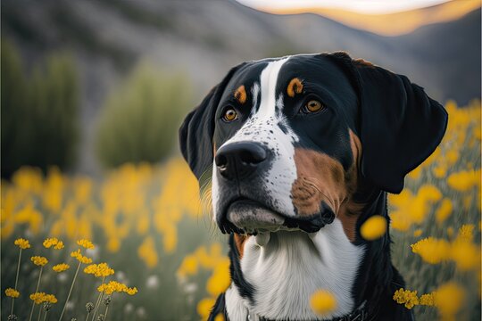 Greater Swiss mountain dog in Flower Field
