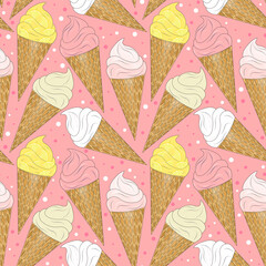 Seamless pattern with drawn ice cream in a waffle cone.
