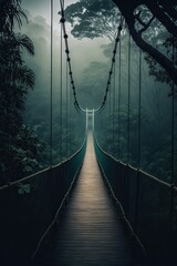 long suspension bridge in rainforest, generative ai composite - obrazy, fototapety, plakaty