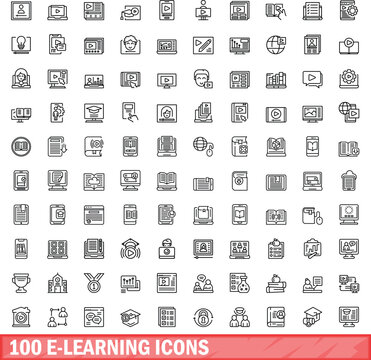 100 e-learning icons set. Outline illustration of 100 e-learning icons vector set isolated on white background