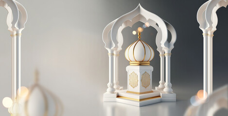 ramadan white greeting card of crescent moon decoration and lanterns with copy space area banner
