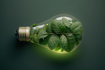 Green eco-friendly lightbulb from fresh leaves top view. Energy saving, ecology and environment sustainable resources conservation concept, illustration, cabbage, food, brain, vector, green, art, 