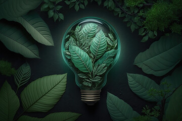 Green eco-friendly lightbulb from fresh leaves top view. Energy saving, ecology and environment sustainable resources conservation concept, illustration, cabbage, food, brain, vector, green, art, 