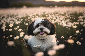 Fototapeta premium Havanese dog in Flower Field