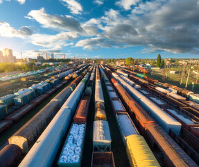 Fototapeta na wymiar Drone view of freight trains at sunset. Colorful railway cargo wagons on railroad. Aerial view of colorful wagons, city, blue sky with clouds. Depot of freight trains. Railway station. Transportation