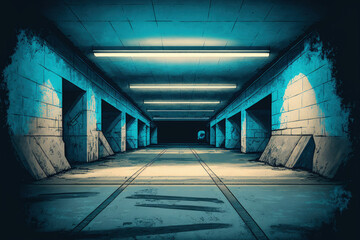 Imaginative Garage Underground Blue Light Corridor Hallway Tunnel Science fiction futuristic grungy stage illustration of a parking garage made of cement and concrete. Generative AI