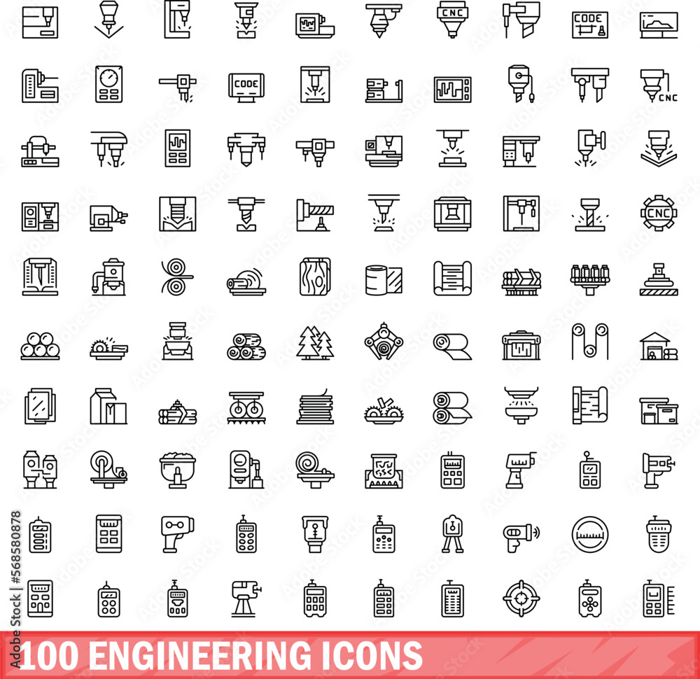 Poster 100 engineering icons set. outline illustration of 100 engineering icons vector set isolated on whit