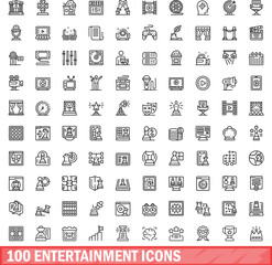 100 entertainment icons set. Outline illustration of 100 entertainment icons vector set isolated on white background
