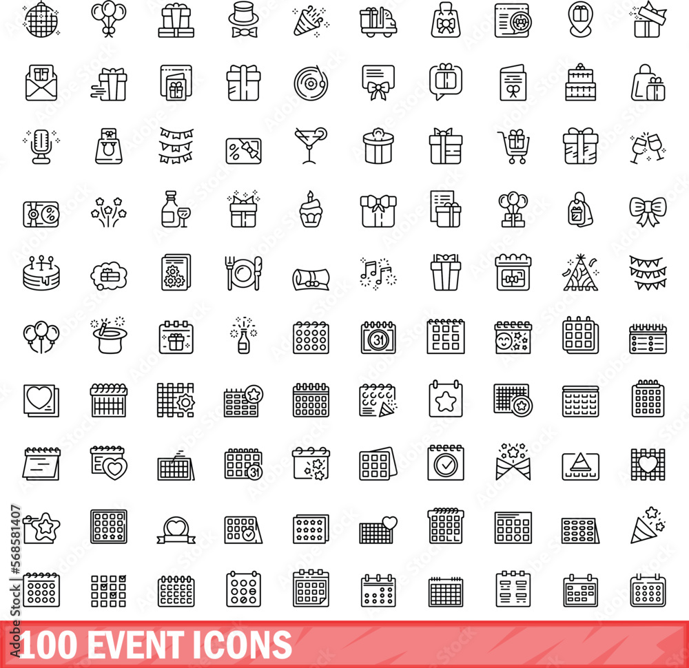 Poster 100 event icons set. outline illustration of 100 event icons vector set isolated on white background