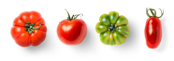 set of four tomato varieties isolated over a transparent background, natural organic vegetable...