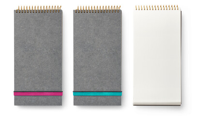 long vertical grey notebooks / ring binders with elastic band closure in two colors (pink and teal) and open, great for check / to-do lists, shopping lists, notes, isolated over transparent background - obrazy, fototapety, plakaty