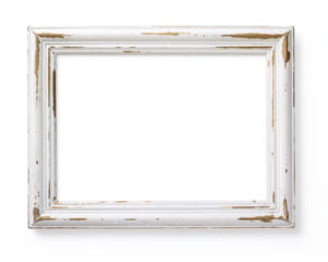 Shabby chic white and golden photo or picture frame isolated over a transparent background, interior or gallery mockup / design element / template