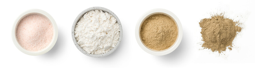 different powders / powdery substances in bowls and loose, isolated over a transparent background,...