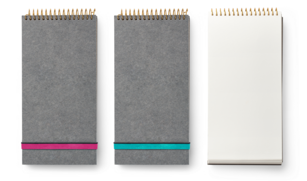 long vertical grey notebooks / ring binders with elastic band closure in two colors (pink and teal) and open, great for check / to-do lists, shopping lists, notes, isolated over transparent background