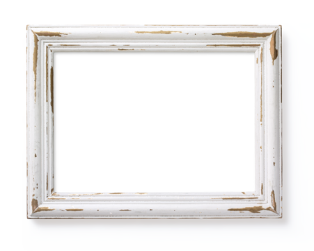 Shabby chic white and golden photo or picture frame isolated over a transparent background, interior or gallery mockup / design element / template