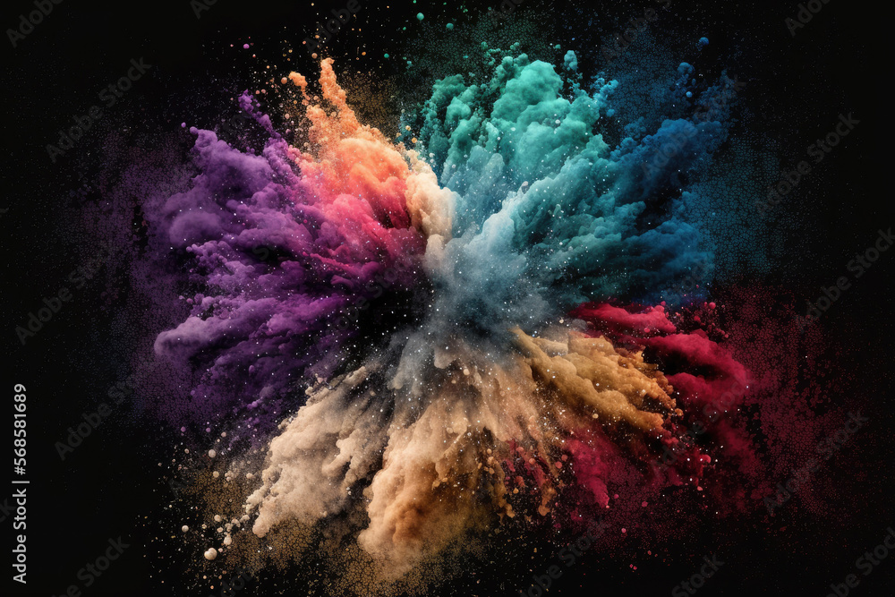 Poster an abstract burst of colourful dust against a dark background. abstract background with powder splat