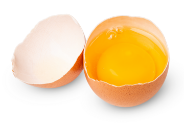 Egg. Brown eggs. Half an egg with yellow yolk. Organic raw non boiled chicken eggs. Brown eggshell. Farm bird product. Good for breakfast, cooking recipe. Food photography. White isolated background.
