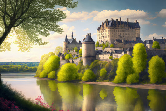 Indre et Loire, France's Chinon town and its château may be seen in the brightness of a late spring day. Generative AI