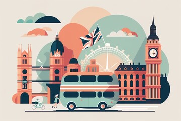 a minimalist travel illustration of London City in pastel colors with iconic symbols, geometric fluid shape composition - obrazy, fototapety, plakaty
