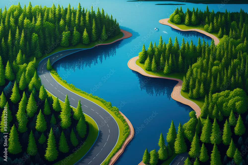 Canvas Prints Aerial view of Finland's road between a blue lake and a green summer forest. Generative AI