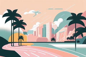a minimalist travel illustration of Miami City in pastel colors with iconic symbols, geometric fluid shape composition - obrazy, fototapety, plakaty