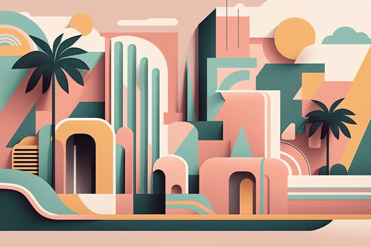 a minimalist travel illustration of Miami City in pastel colors with iconic symbols, geometric fluid shape composition
