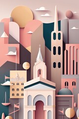 a minimalist travel illustration of San Francisco City in pastel colors with iconic symbols, geometric fluid shape composition