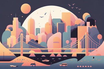 a minimalist travel illustration of San Francisco City in pastel colors with iconic symbols, geometric fluid shape composition