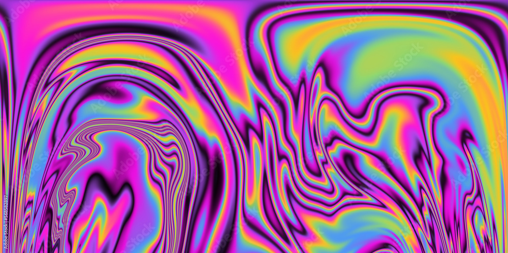 Poster op-art pattern with holographic gasoline like stains and leaks. rainbow multicolored abstract backgr