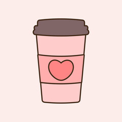 Delicious coffee pink paper cup icon with a heart, line icon. Drink vector illustration design